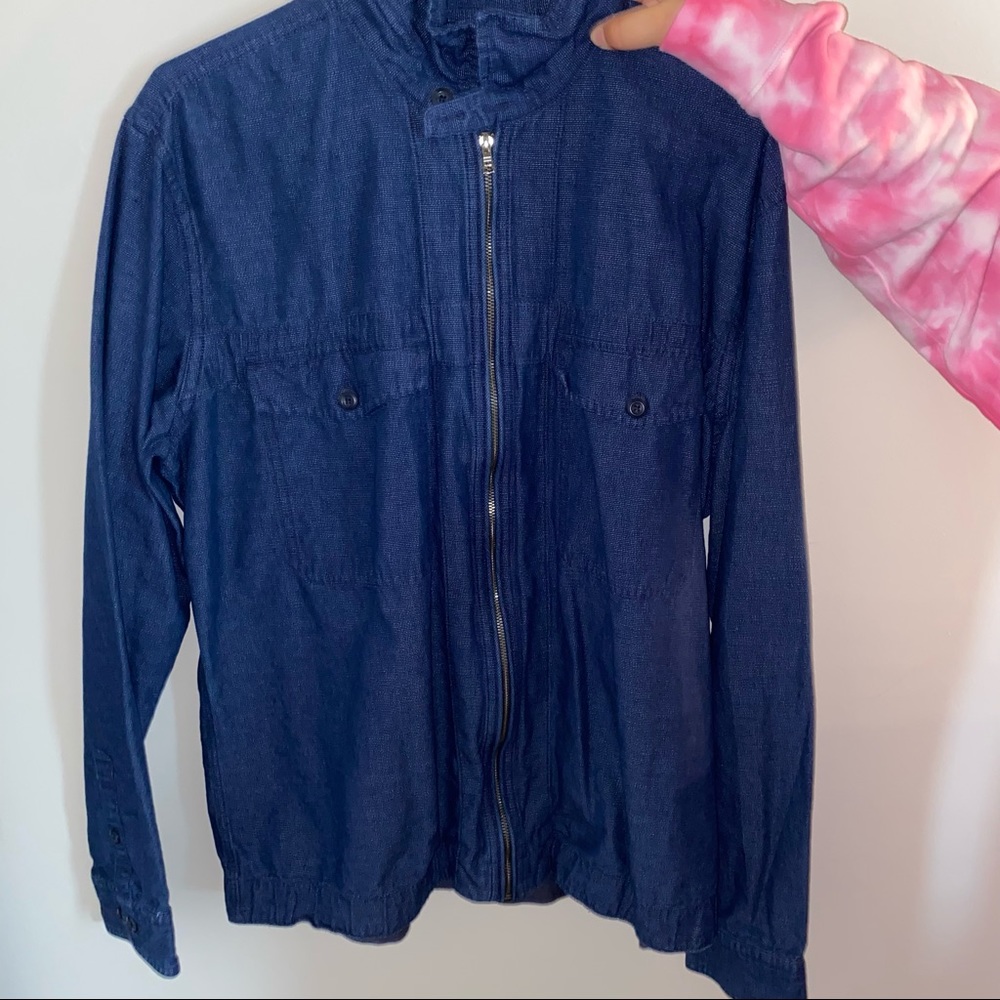 men's faux jean jacket with pockets/zippers.